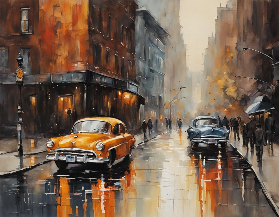 Moody Urban Street Scene as Impasto Oil Painting
