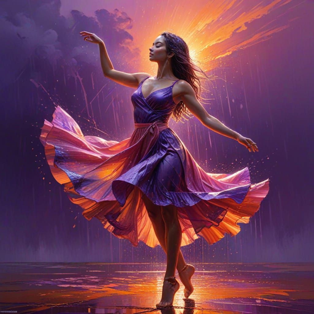 Woman Dancing in Rainy Sunset: Hyperrealistic Splash Art