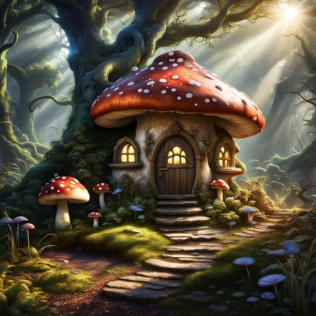 Fairytale Toadstool House in Sunlit Woodland
