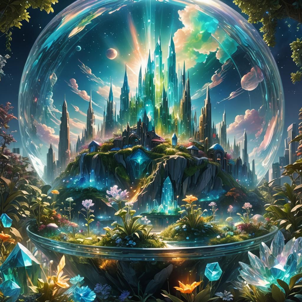 Glowing Glass City in Crystal Dome: Dreamlike Cosmic Art