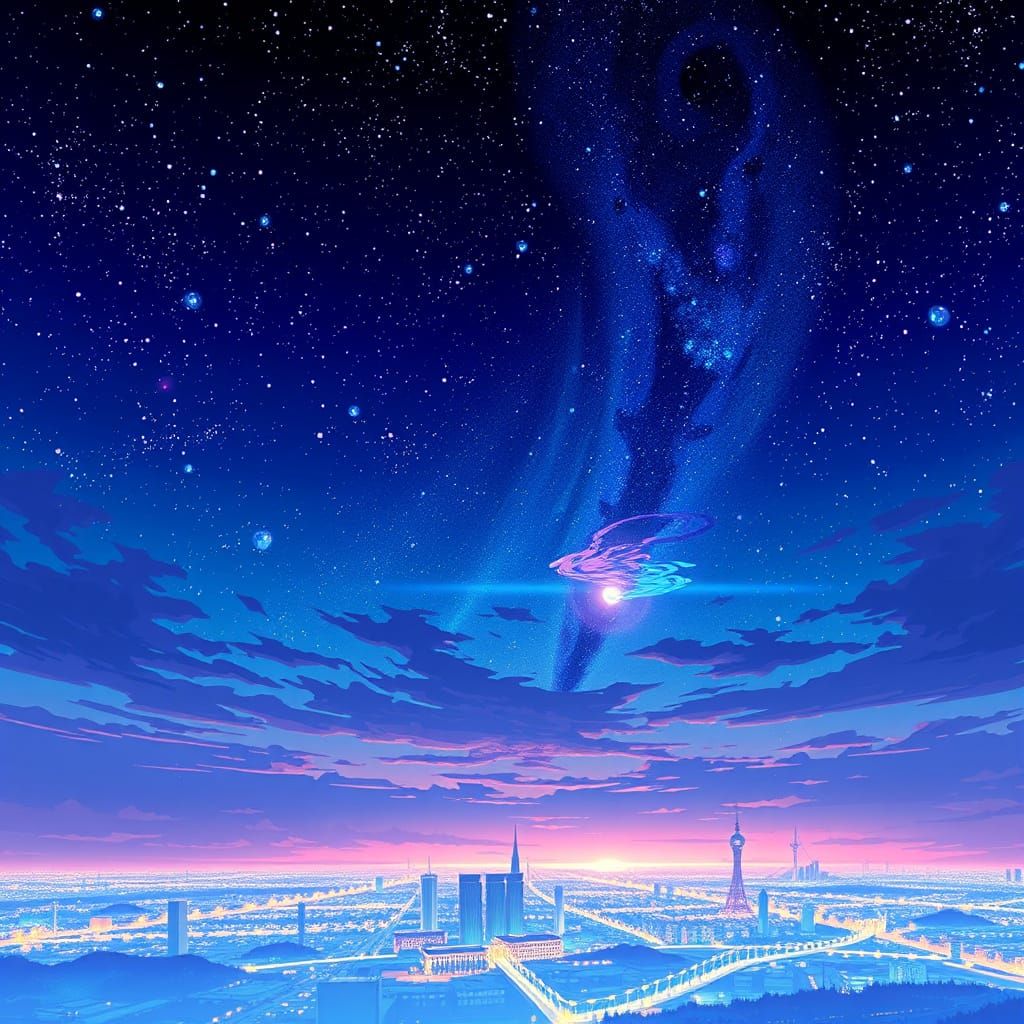 Vibrant Anime Night Sky with Cityscape