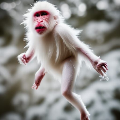 Albino Snow Monkey in Flight: Professional Photo