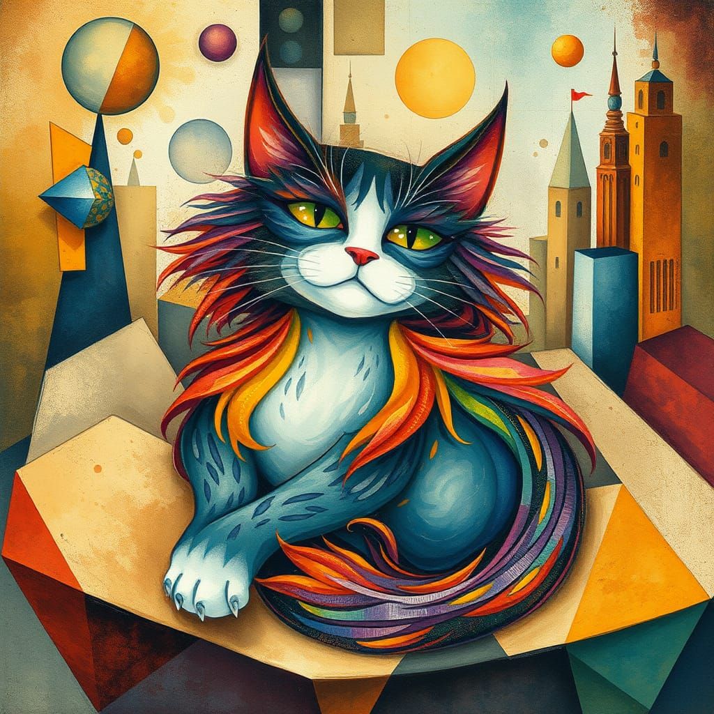 Whimsical Cat in Cubist Dreamscape Illustration