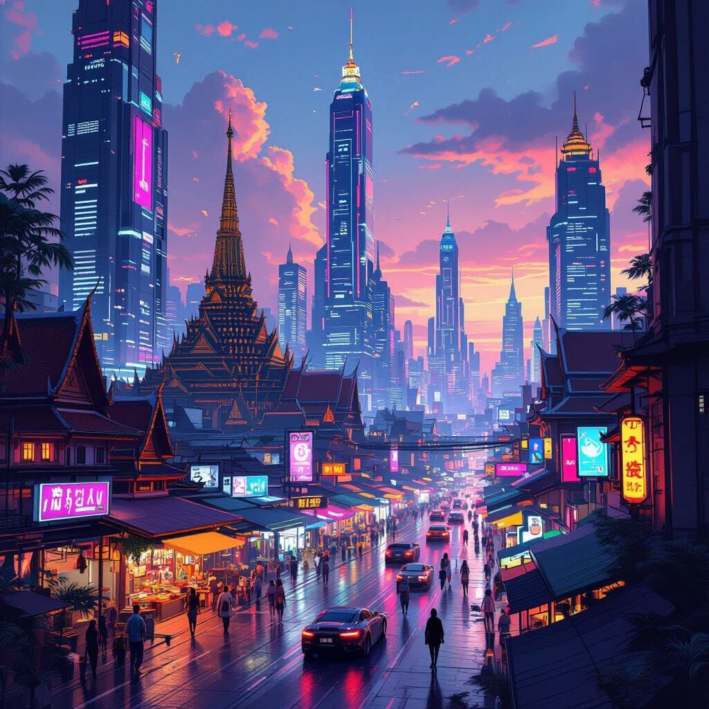 Futuristic Thailand: Neon Temples in Cyberpunk Style