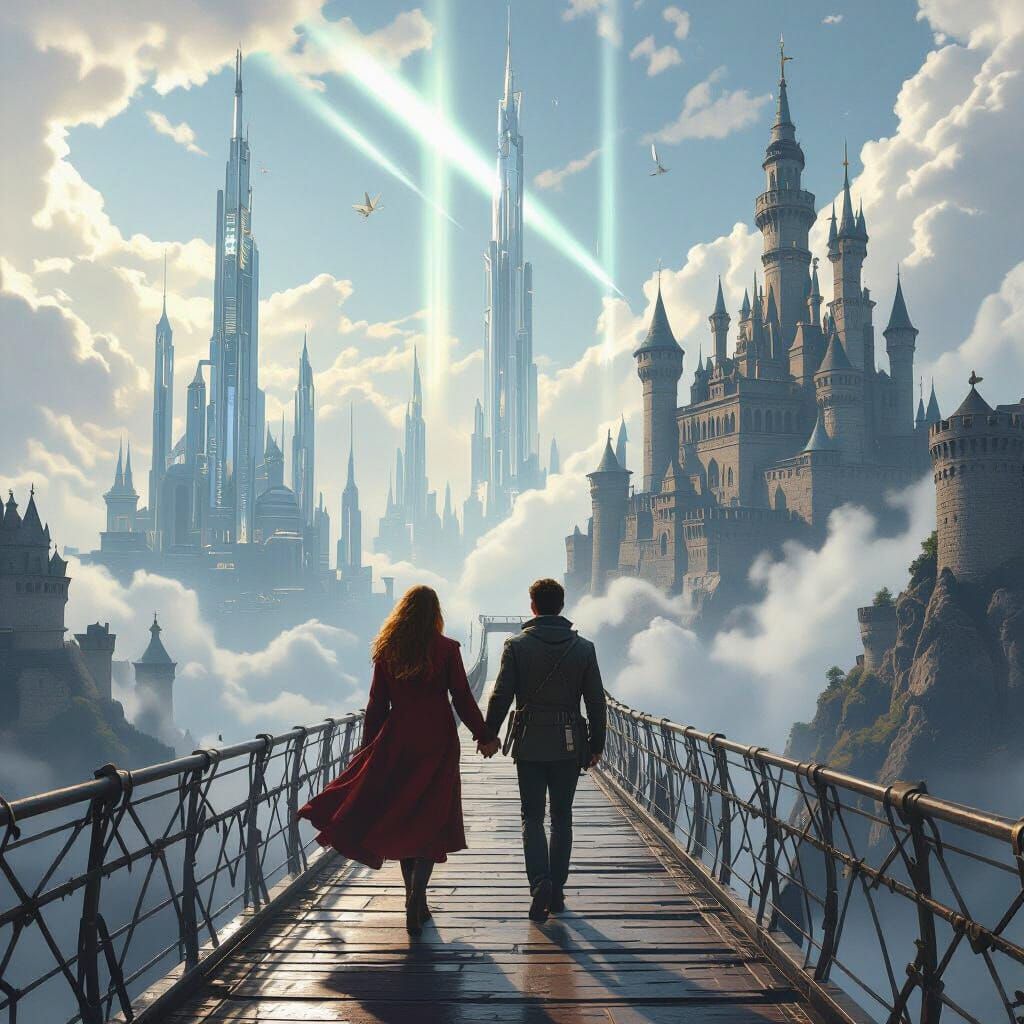 Couple on Bridge Between Worlds in Hyperrealistic Style