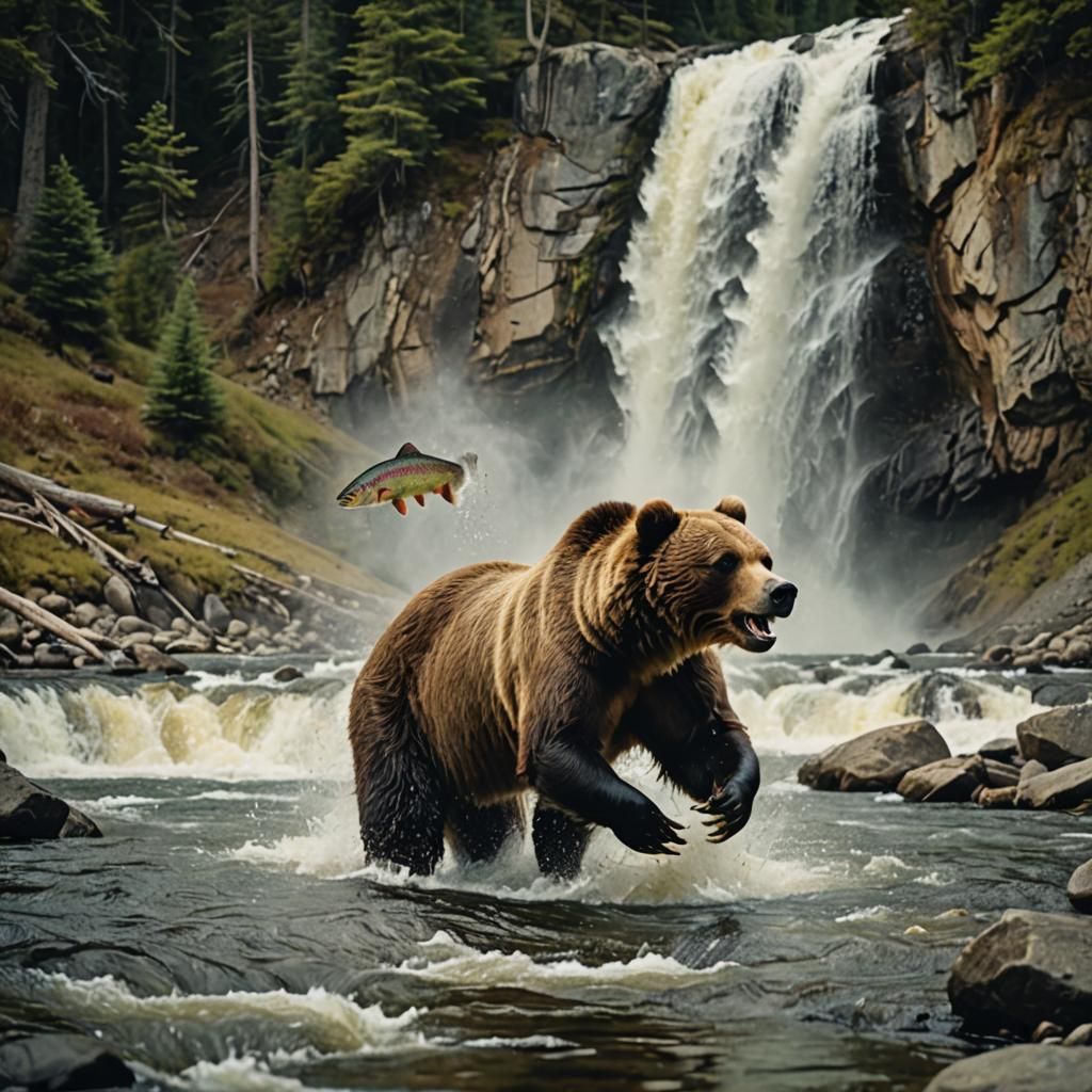 Grizzly Bear Catches Trout: Cinematic Film Still
