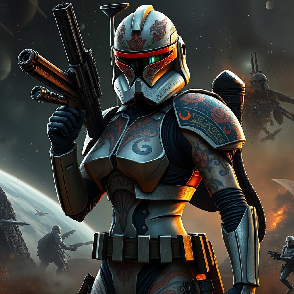 Heroic Female Clone Trooper in Mandalorian-Inspired Armor