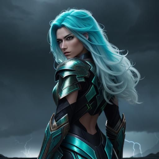 Vibrant Fantasy Warrior in Stormy Skies