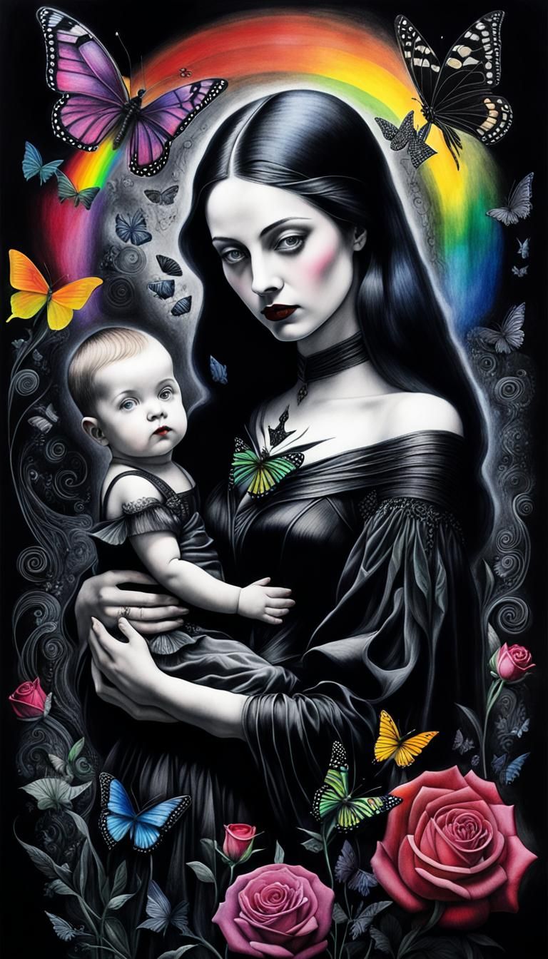 Surreal Gothic Mother and Child Crayon Drawing
