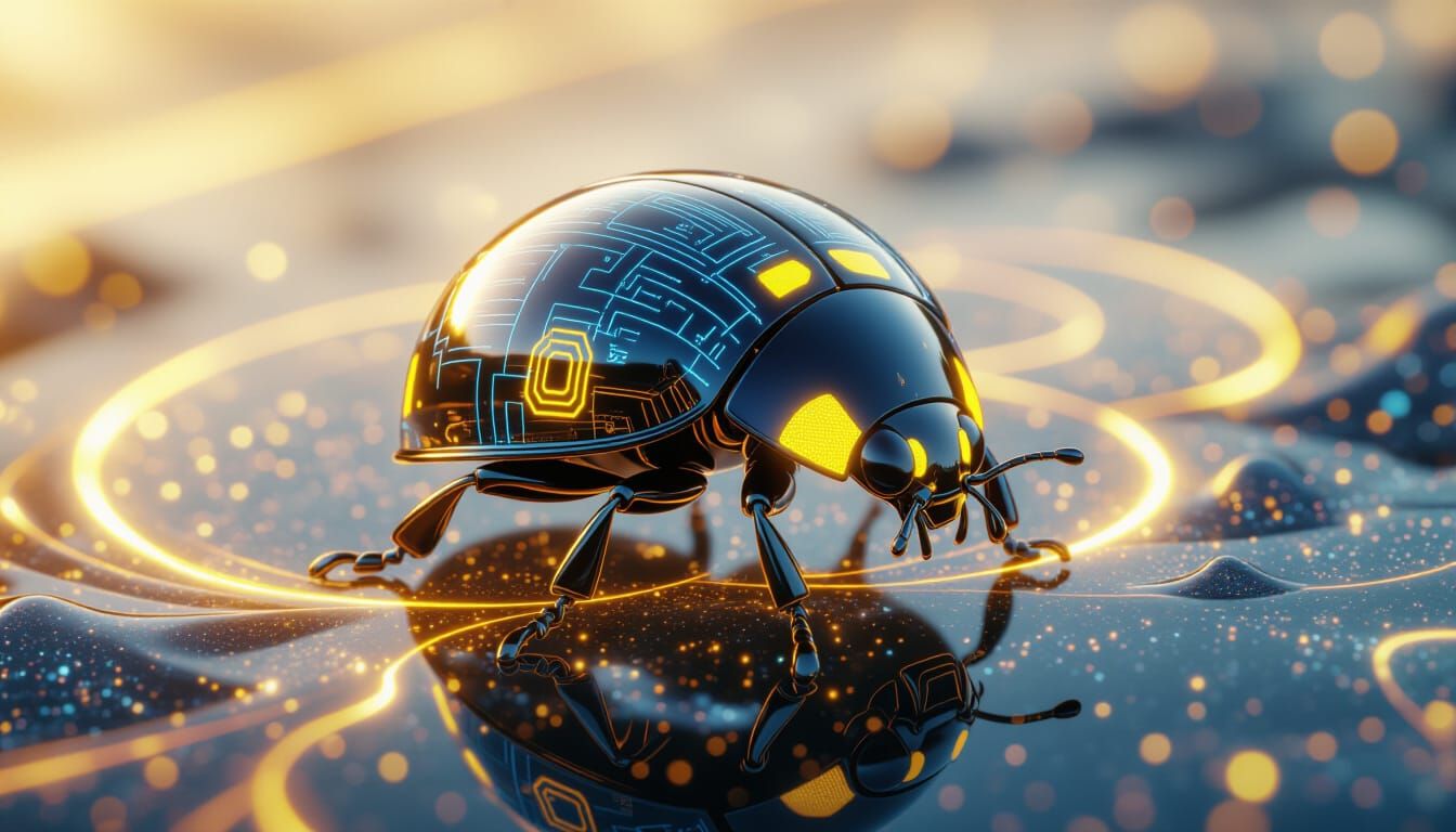 Chrome Ladybug with Glowing Circuits in Cosmic Dust