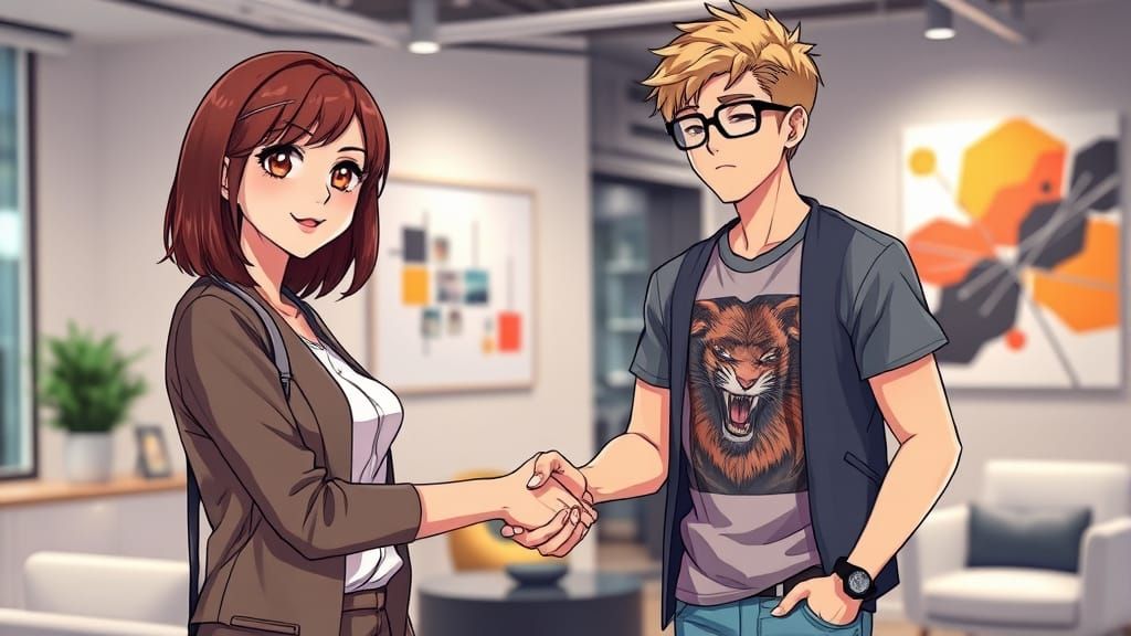 Manga Fantasy Office Scene with Designer Woman and Nerd