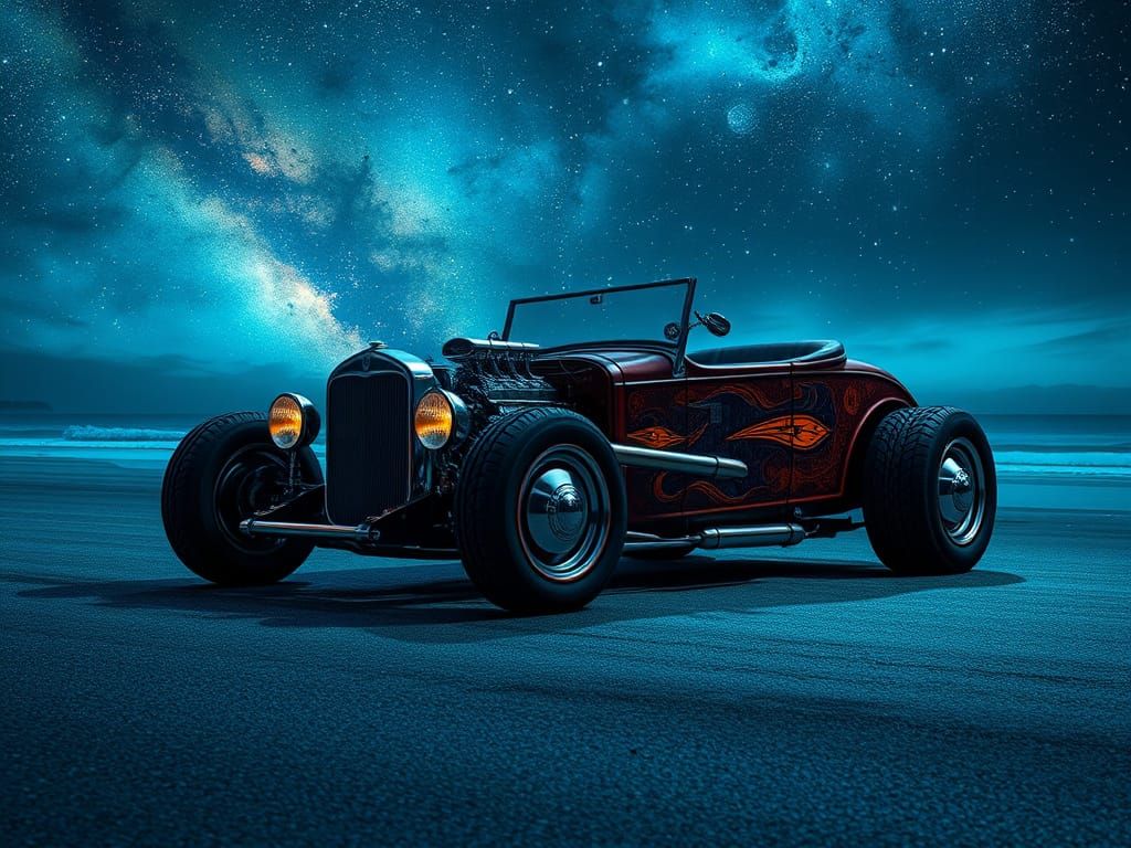 Cosmic Hot Rod Dreamscape in Dark Blue Hues