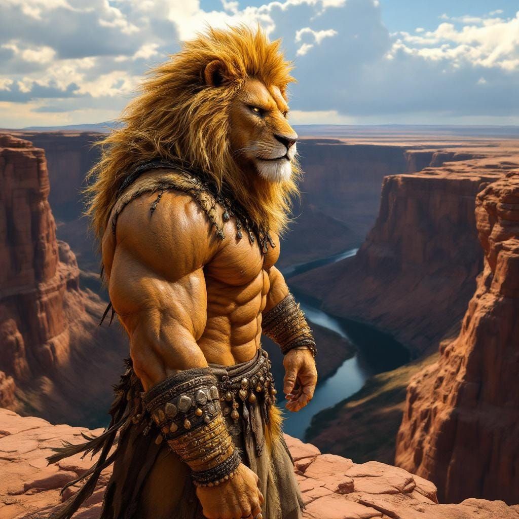 Humanoid Lion Warrior at Horseshoe Bend in Photorealistic St...