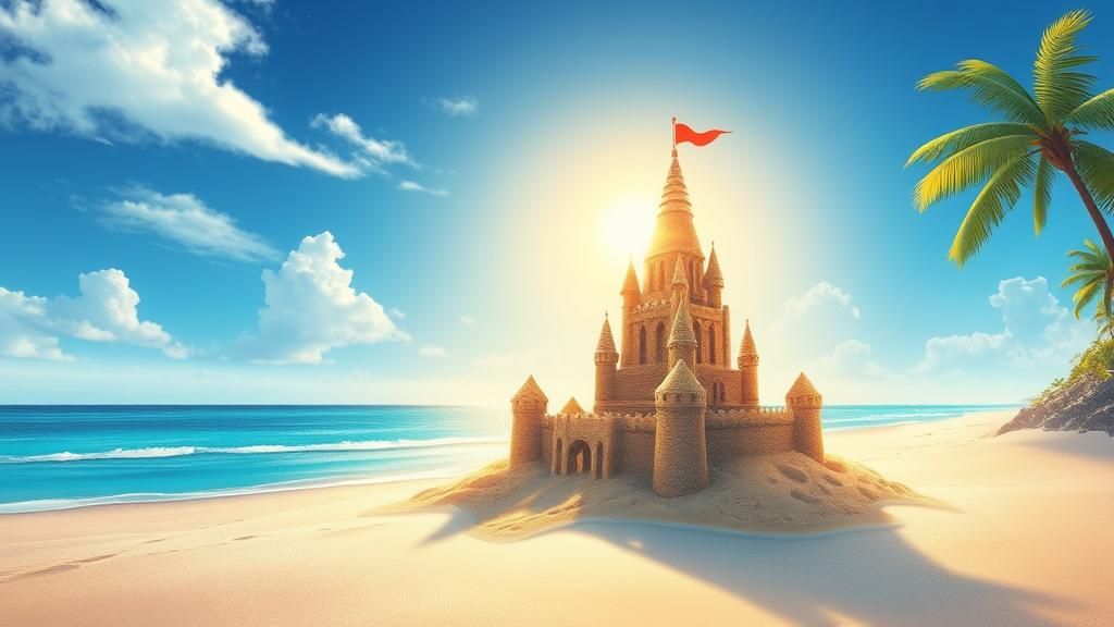 Tropical Sandcastle at Golden Hour: Ethereal Illustration