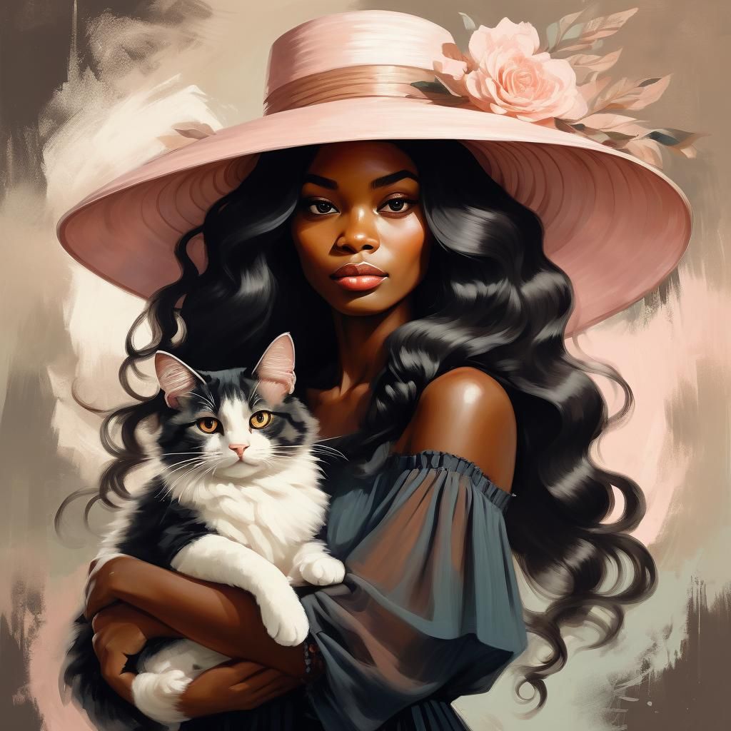 Elegant Woman with Cat in Acrylic-Inspired Art