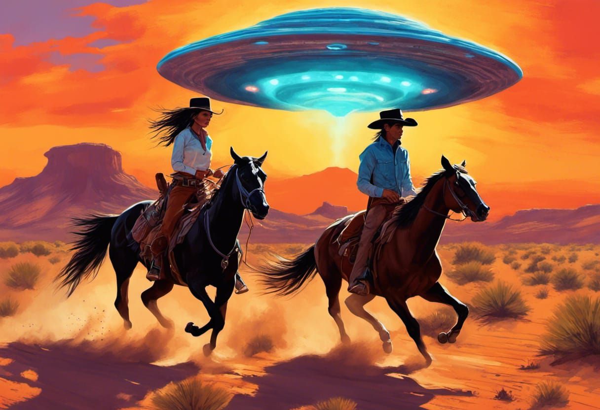 Cowboys and Cowgirl Chase UFO in Desert Sunrise