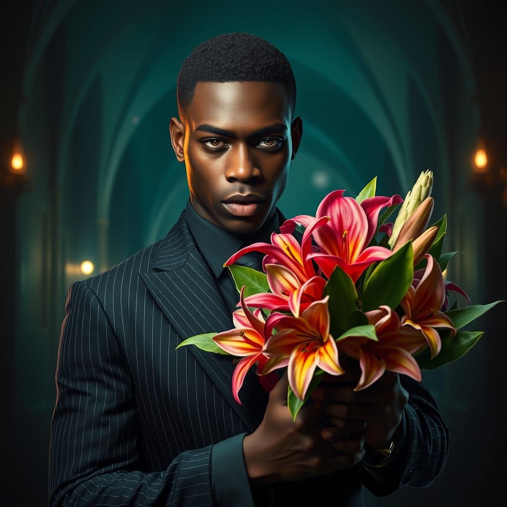 Chiseled Black Gentleman Presents Vibrant Bouquet in Mystica...