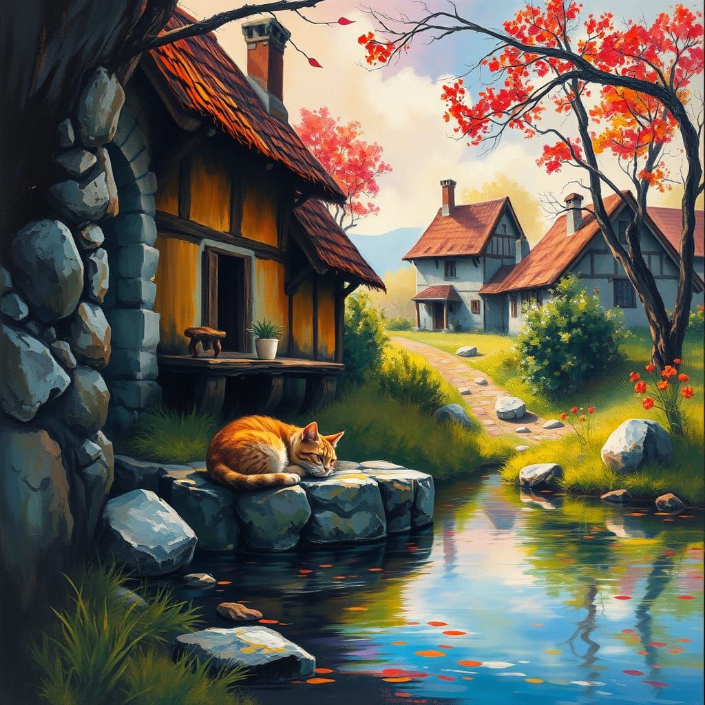 Cat Sleeping on Well: Hyperdetailed Charcoal Drawing