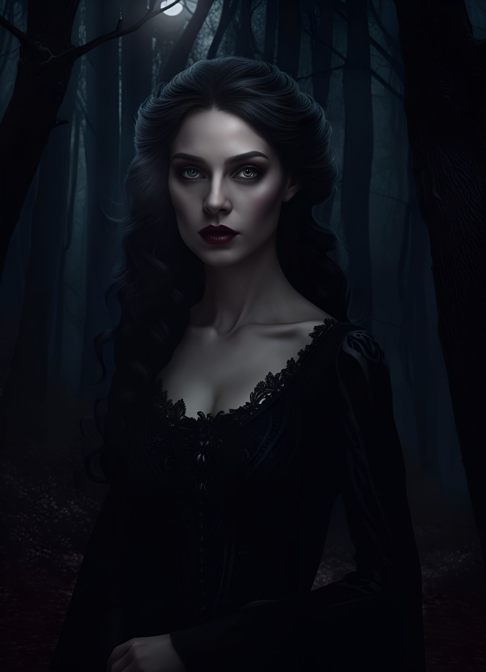 Pale Vampire Lady in Dark Woods Portrait