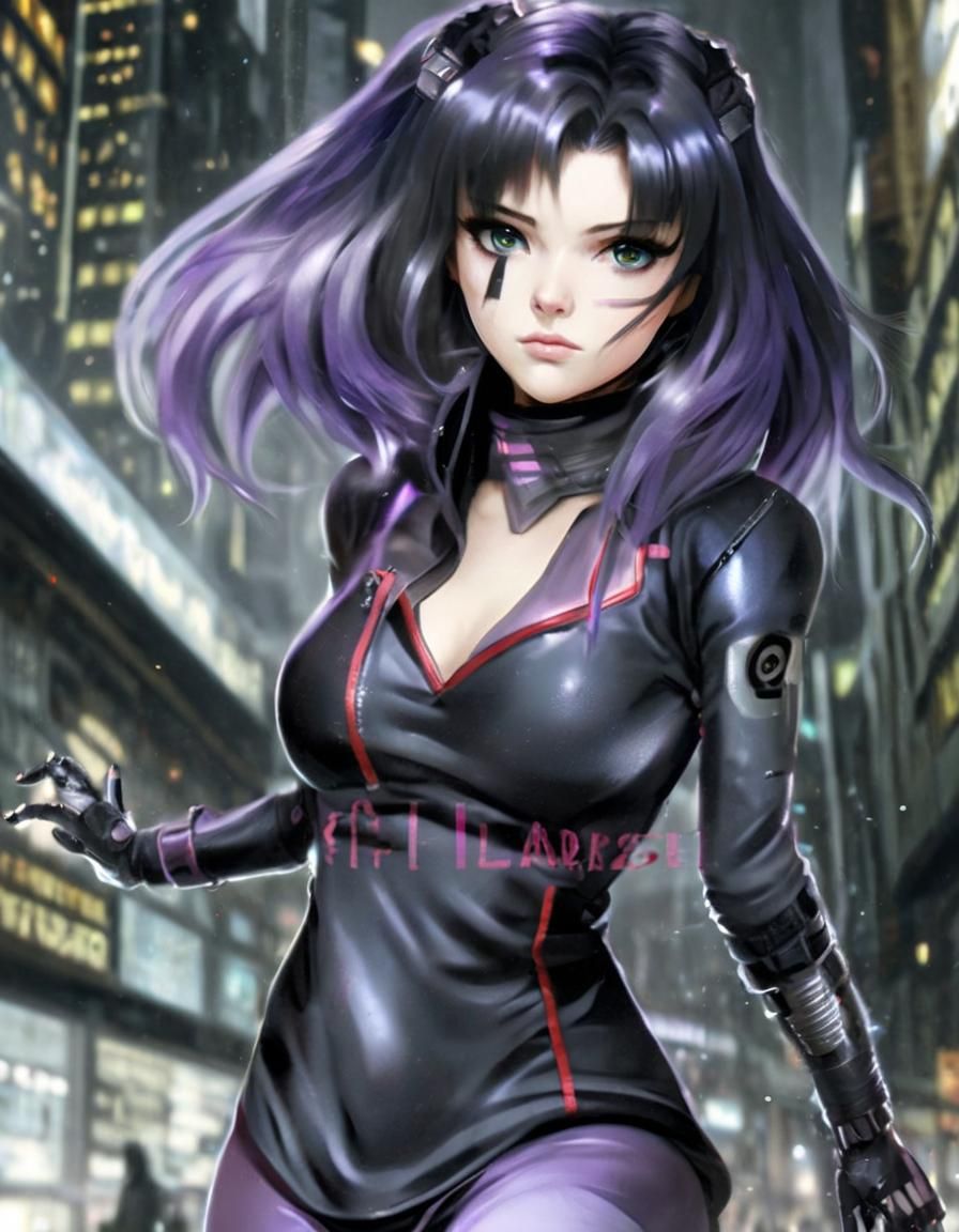 perfect mix of [blake belladonna, molly millions] in a cyberpunk city, messy black hair, gorgeous detailed Amber eyes, b...