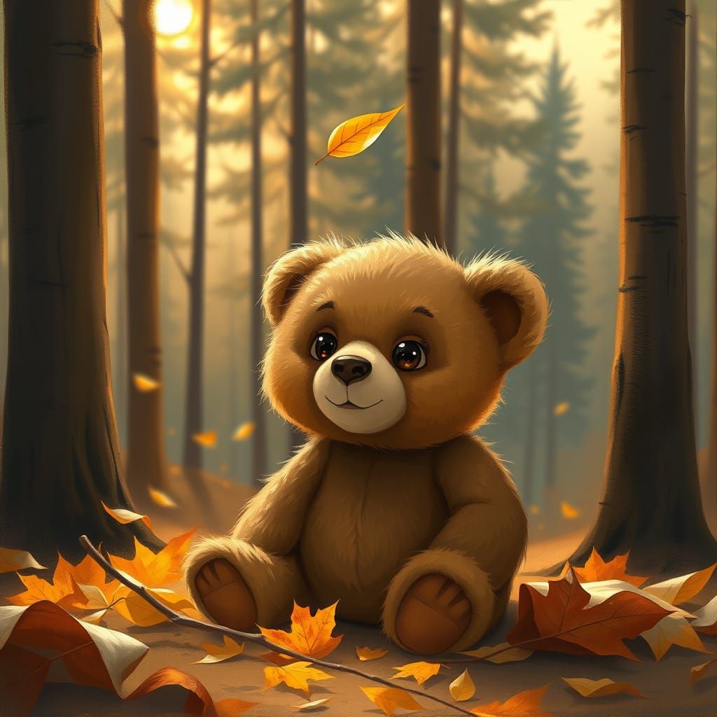 Serenely Seated Teddy Bear in Autumn Forest Glade