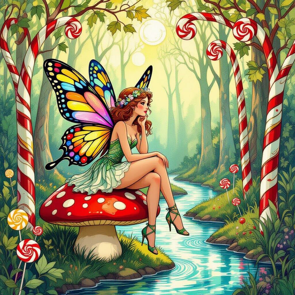 Fairy in Art Nouveau Forest with Candy Elements