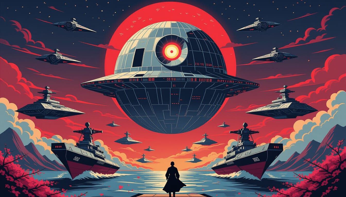 Death Star as Japanese Fortress in Anime Style