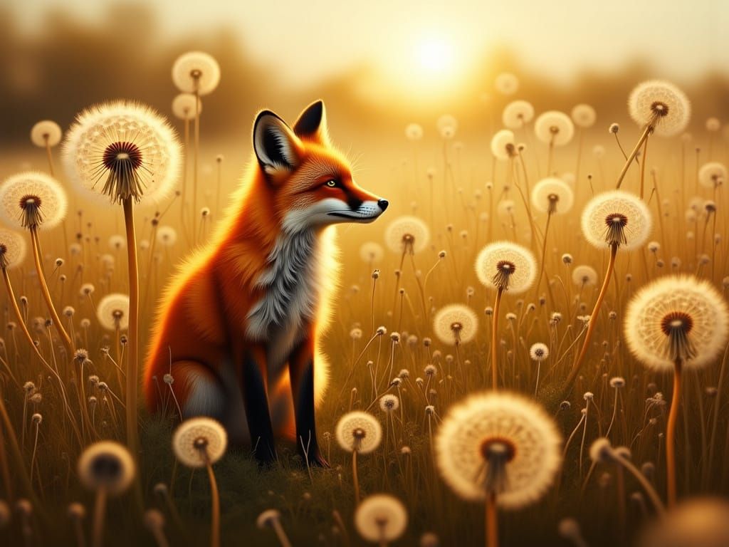 Lone Fox in Luminous Dandelion Field at Sunset