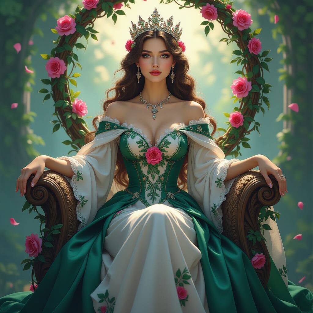 Regal Queen of Roses on Floral Throne