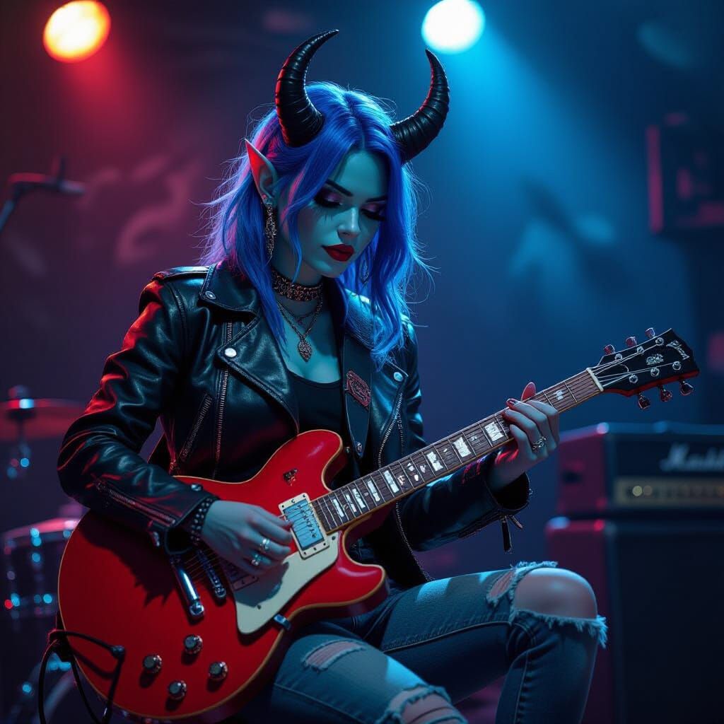 Blue Tiefling Punk Rocker in Concert