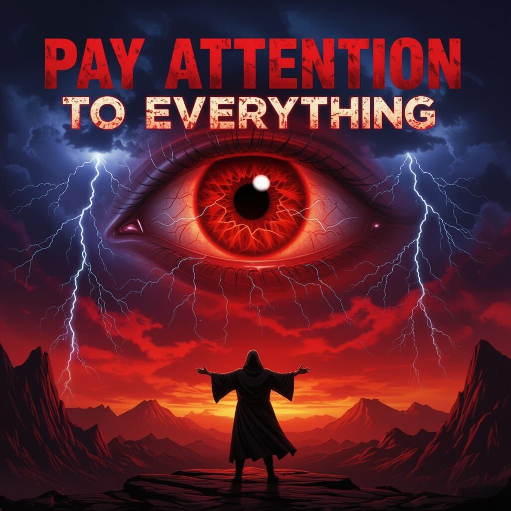 Colossal Glowing Eye in Stormy Sky with Hooded Figure