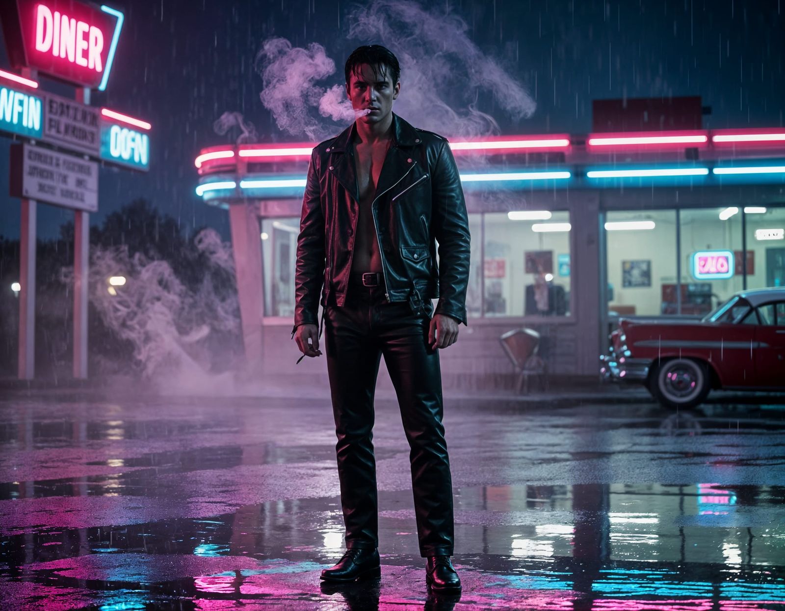 Neo-Noir Man in Rain, Retro Diner Scene