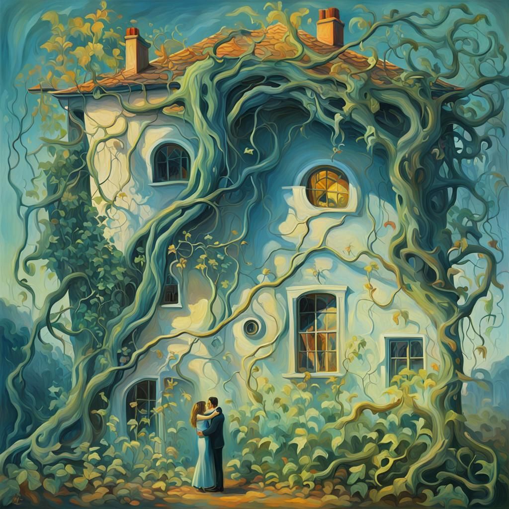 Person Embracing House in Surrealist Oil Painting