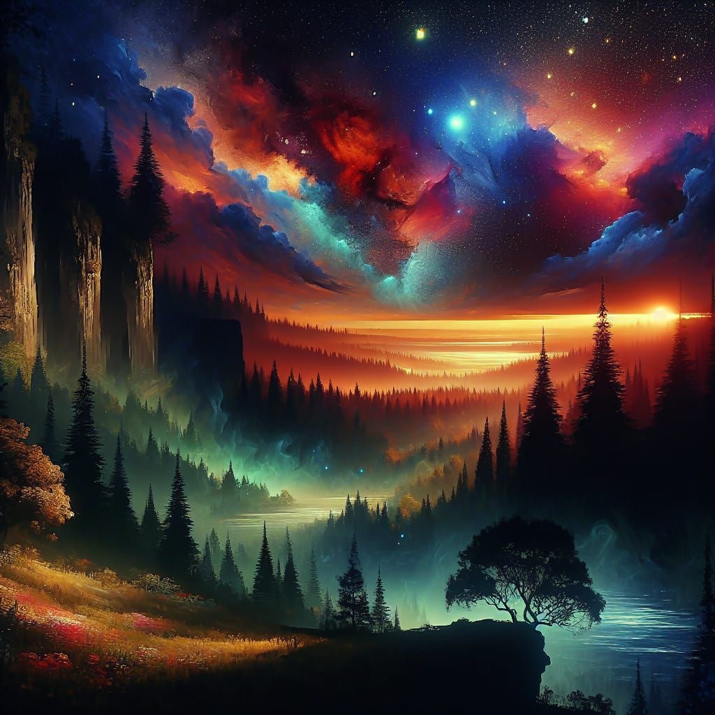 Fantasy Night Landscape with Nebula in Romantic Style