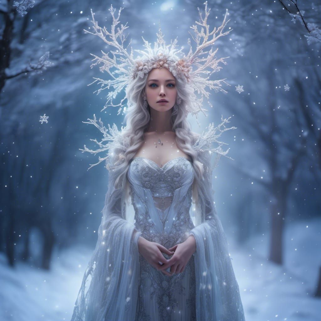 Winter Goddess with Glowing Snowflakes and Rainbow Reflectio...