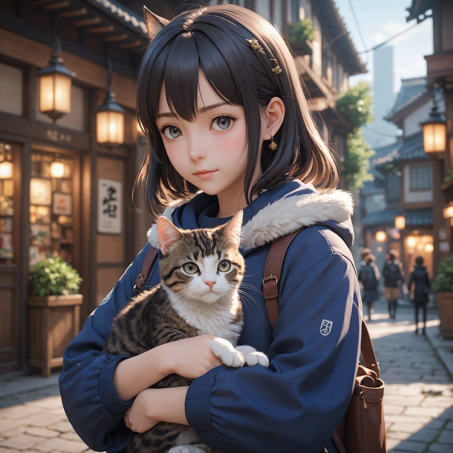 Anime Girl with Cat in 3D Anime Style