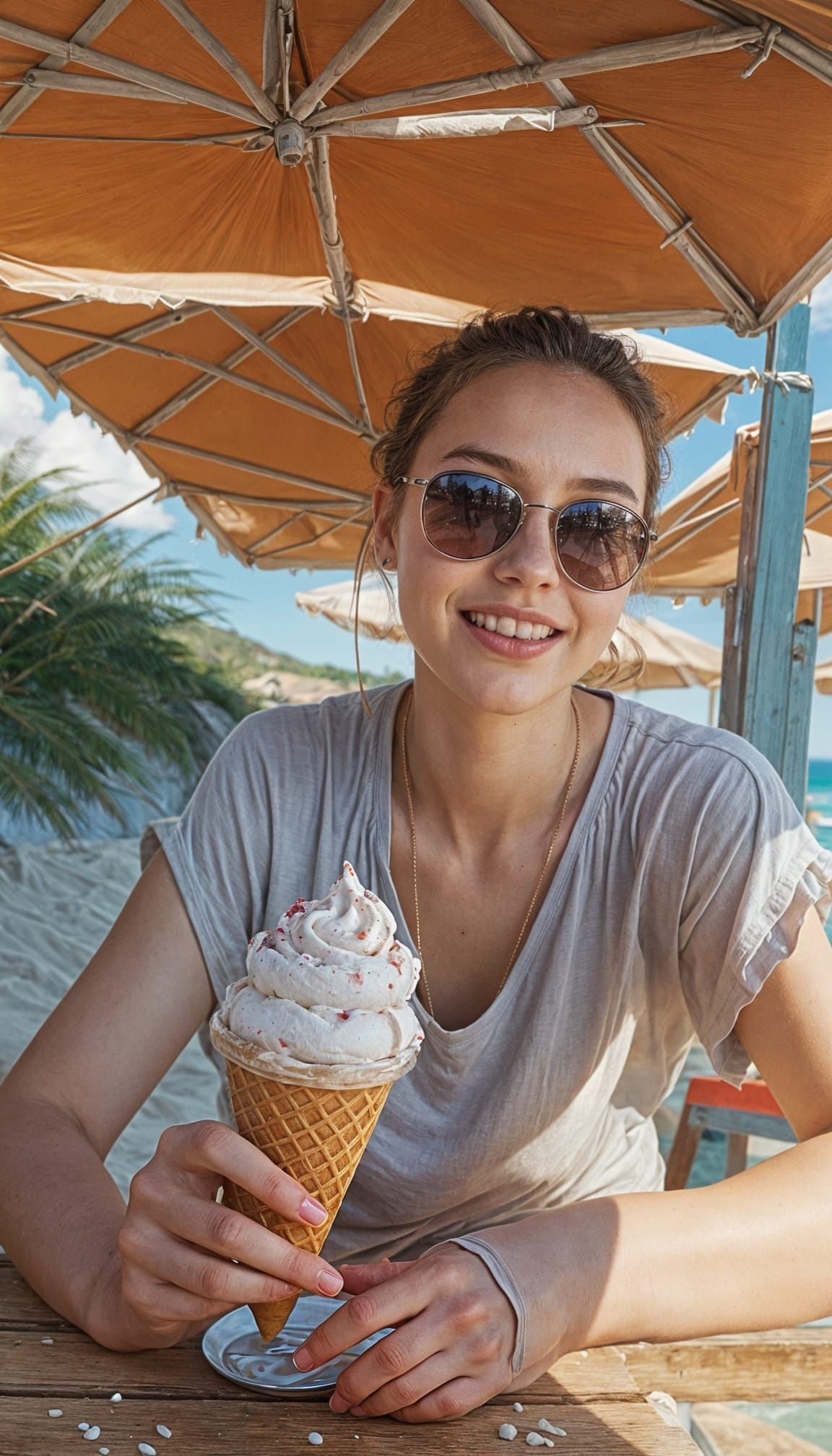 Woman Enjoys Ice Cream at the Beach