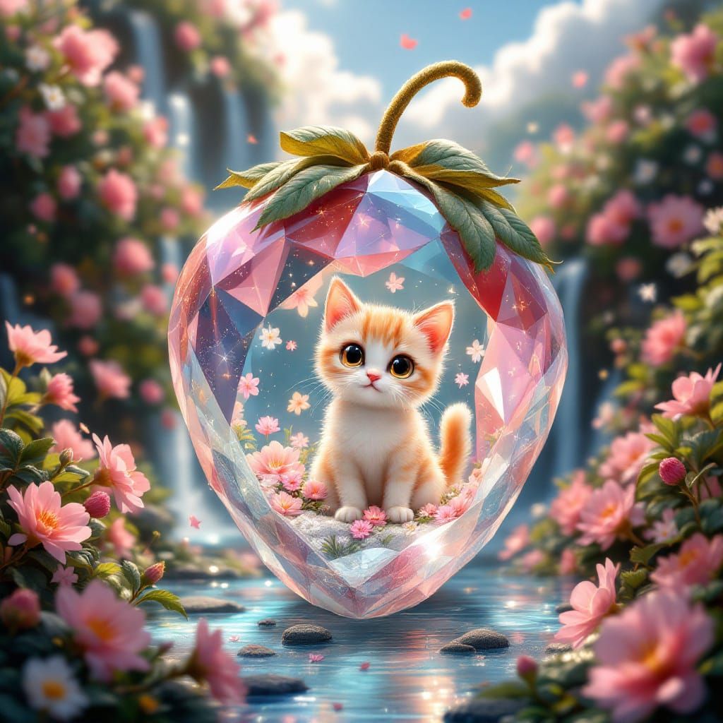 Crystal strawberry depicting a cute cat inside beautiful background