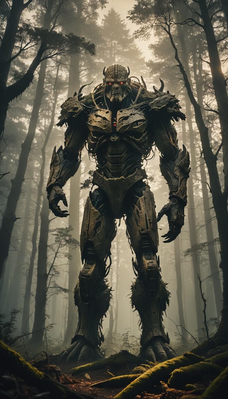 Titan in Misty Forest: Cinematic Film Still