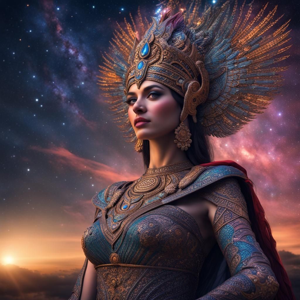 Flying Assyrian Queen in Starry Night Sky