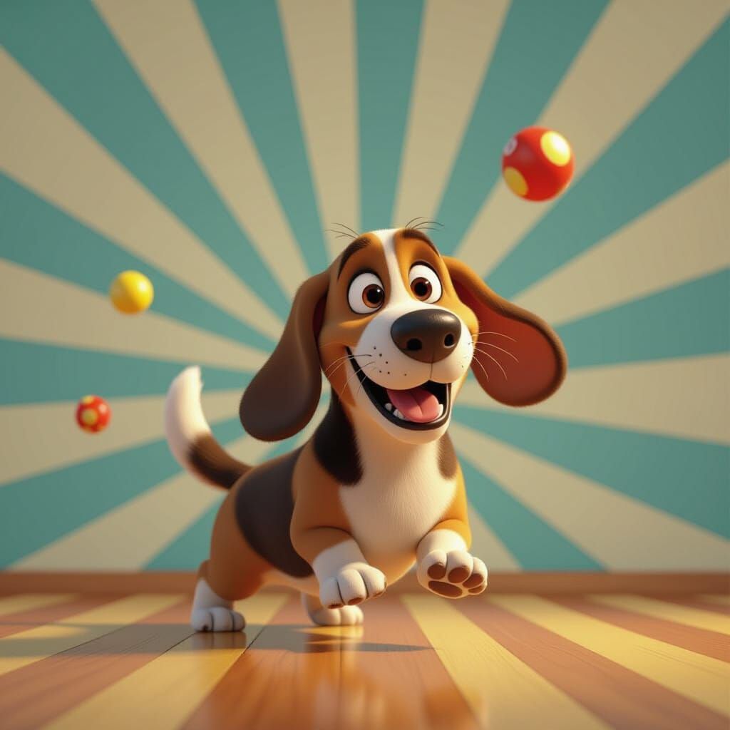 Playful Basset Hound Chasing Ball in Pixar Style