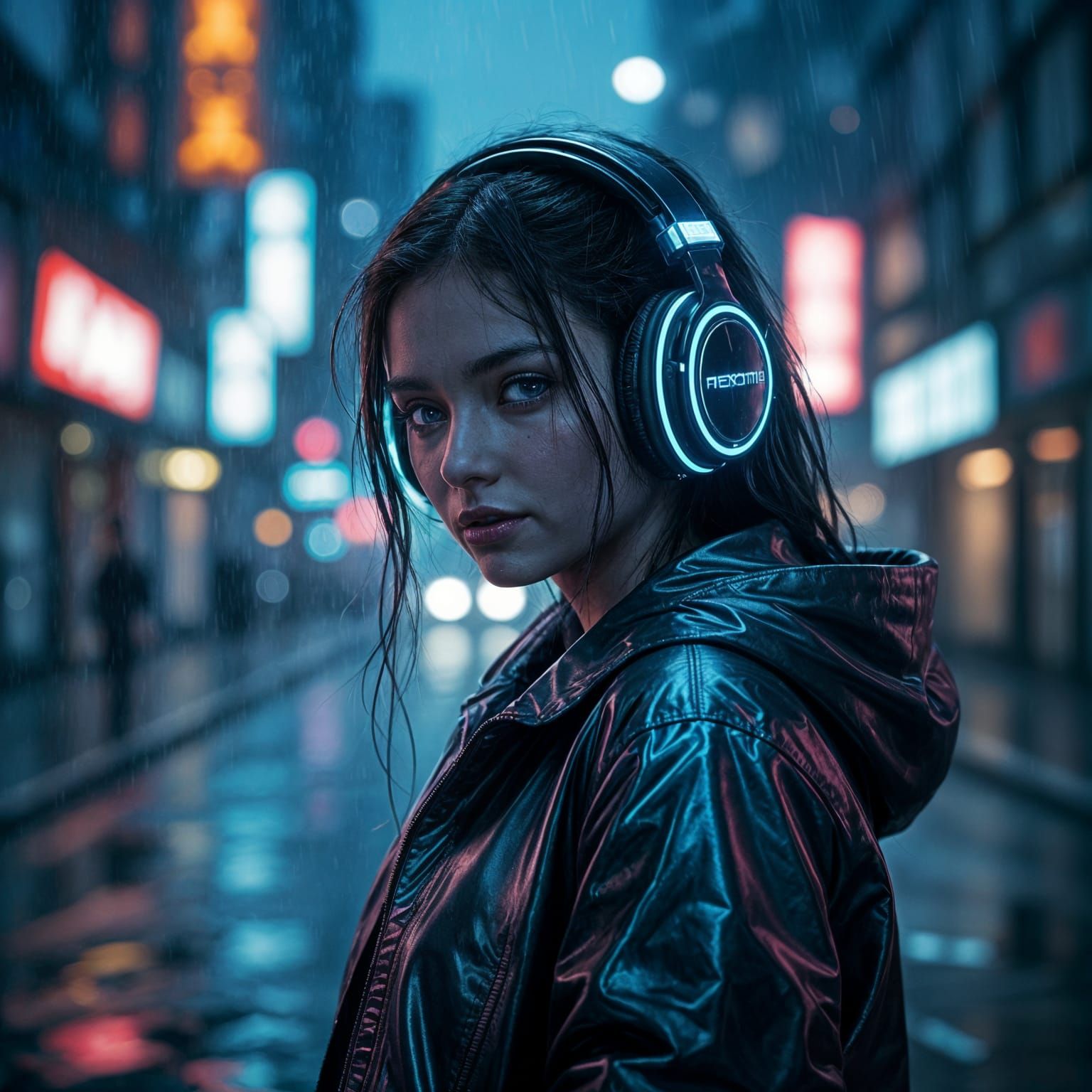 Cyberpunk Girl in Neon Rain-Soaked Street