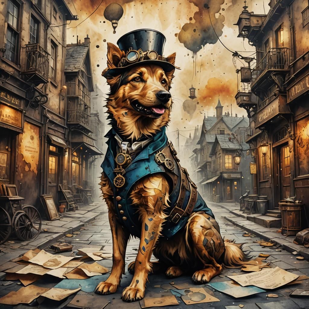 Happy Dog in Steampunk Ink Painting Style