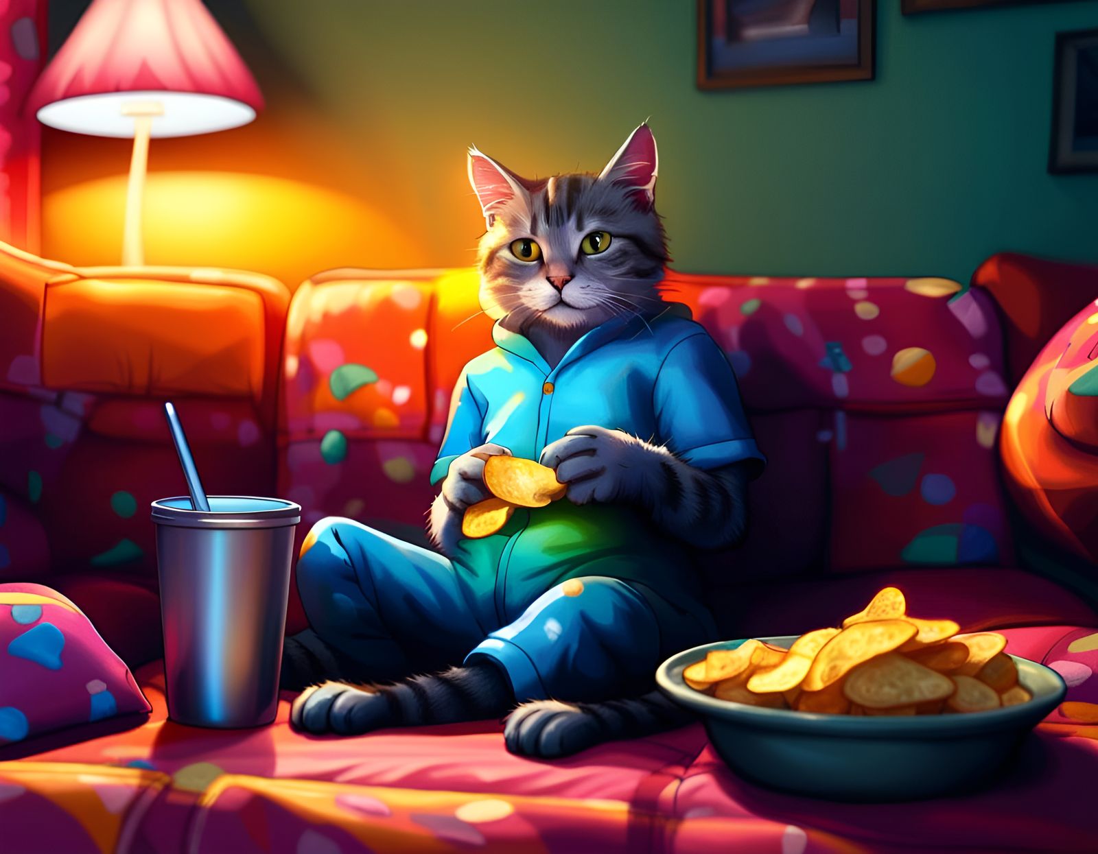 Cat Lounging on Couch in Pyjamas, Watching TV