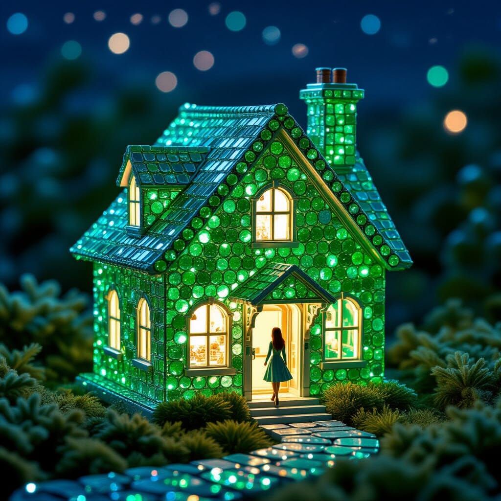 Glowing Gemstone House with Tiny Figure, Cinematic Style
