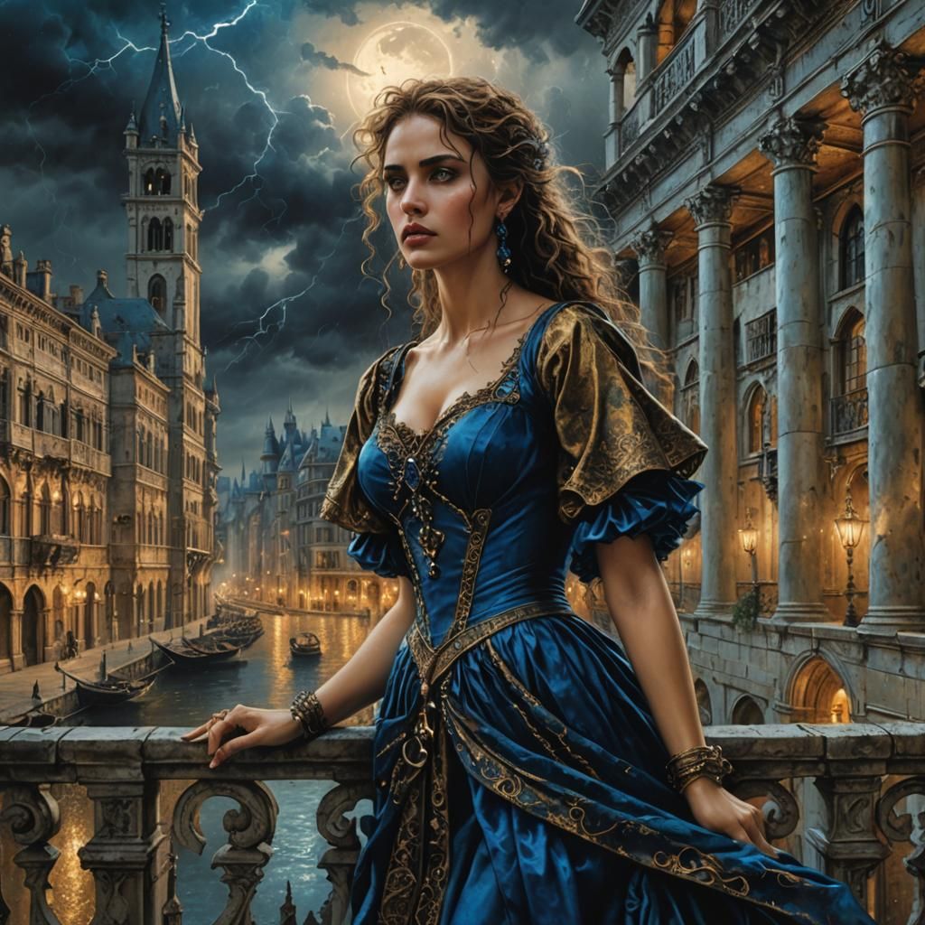 Gothic Cityscape with Woman in Renaissance Dress