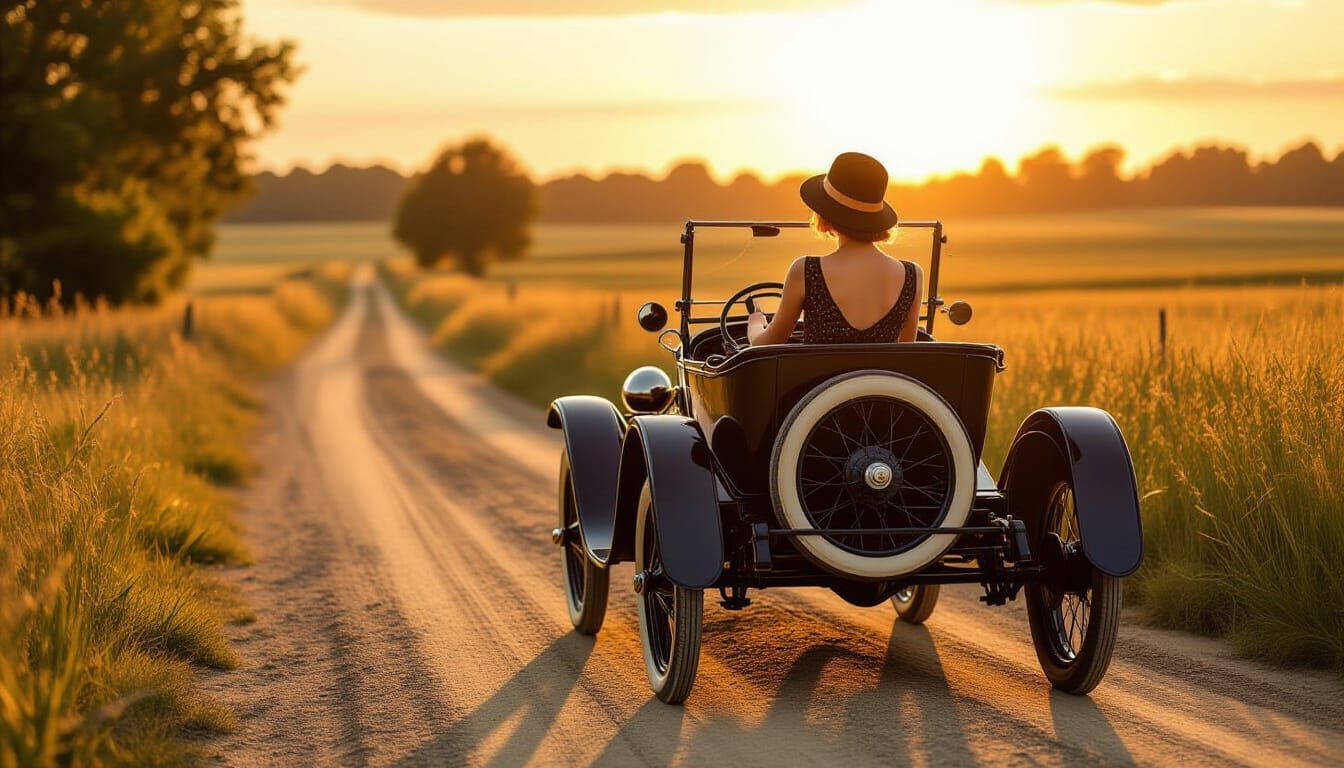 1920s Flapper Drives Model T in Golden Hour