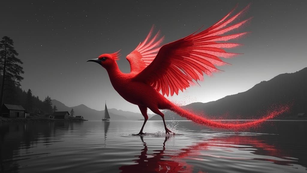 Mesmerizing Red Bird Splashing in Black and White River
