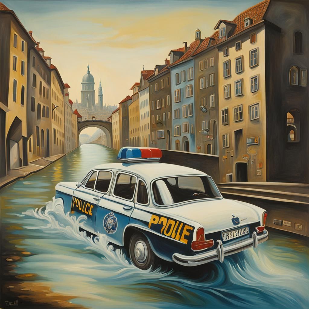 Surreal Cityscape: German Police Car in a Dali-esque Dream