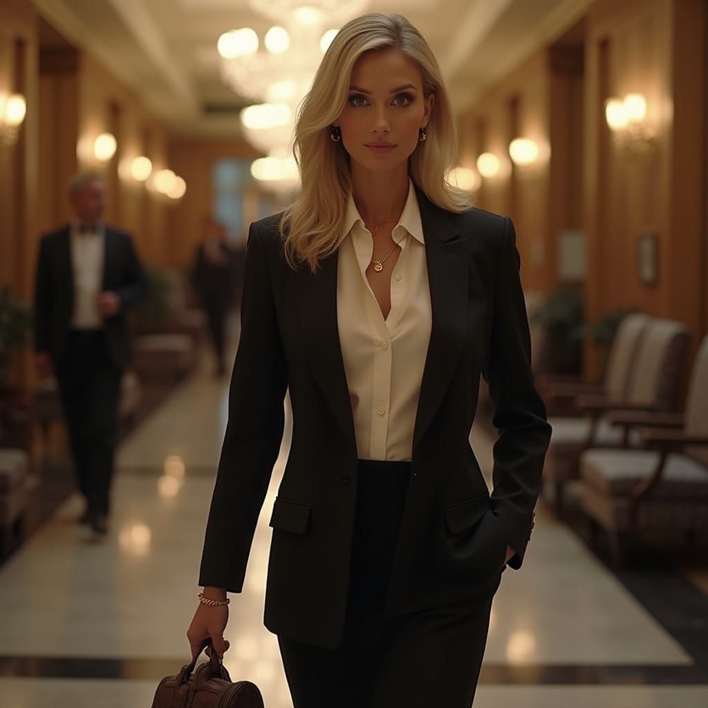 Woman in Blazer Walks Through Elegant Hotel Lobby